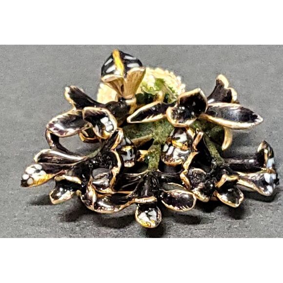 VTG Brooch Enamel Cloisonne Iris Flower Sign World Wide Imports MCM Blk/Grn Pin - Picture 8 of 14